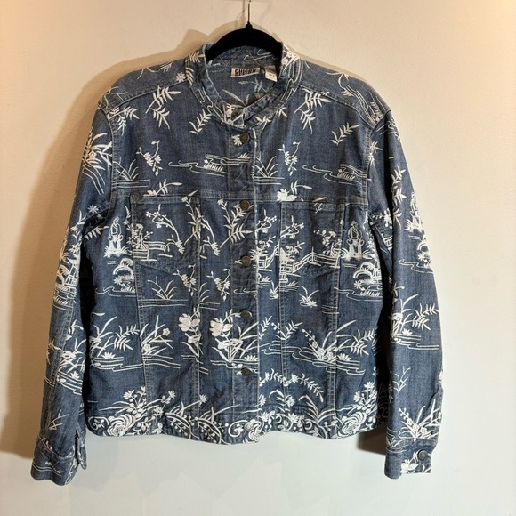 CHICO’S DESIGN Sz 2 Rare Japanese Garden Embroidery Funnel Neck Denim Jacket - Picture 2 of 9